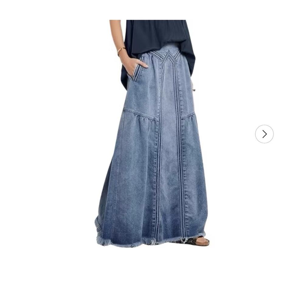 Women Retro Elastic Waist Denim Frayed A-Line Maxi Lady Long Skirt Pockets Sz M